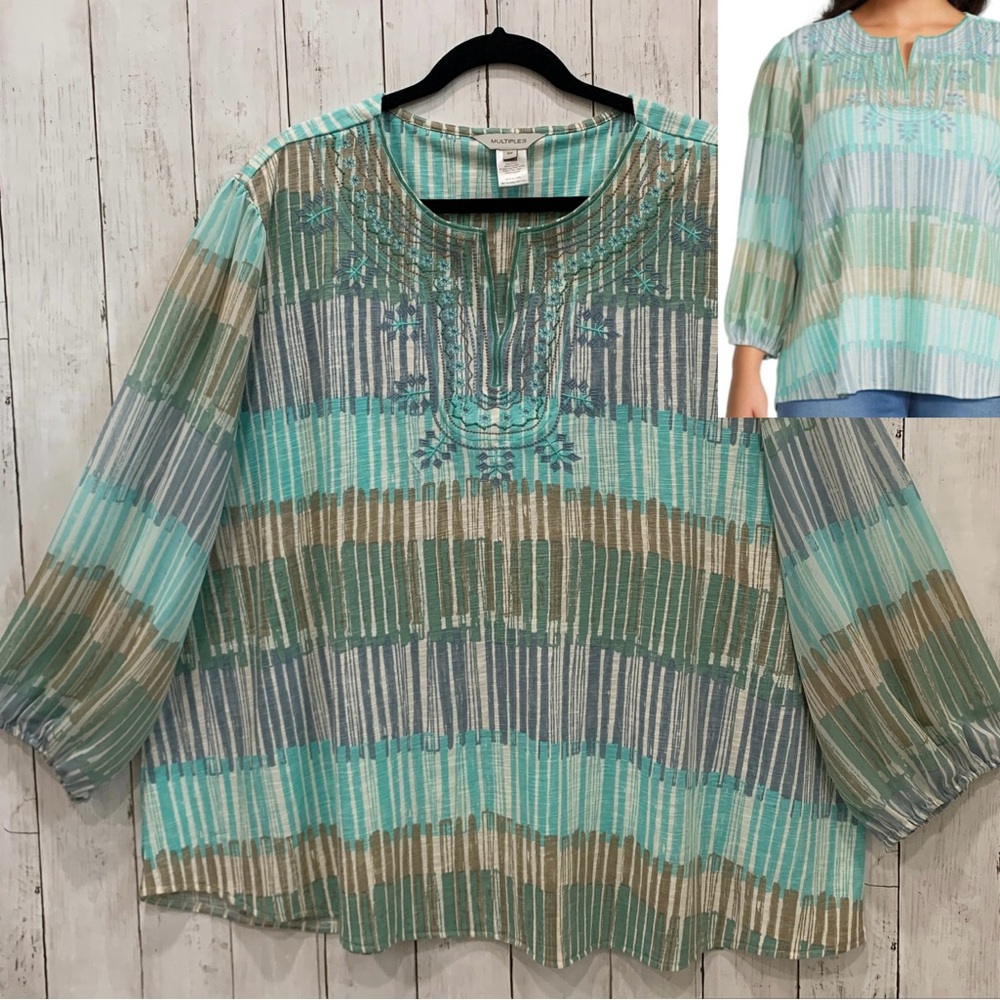 Multiples Slub Knit Women’s Embroidered Printed Split V Neck 3X Top 3/4 Sleeve